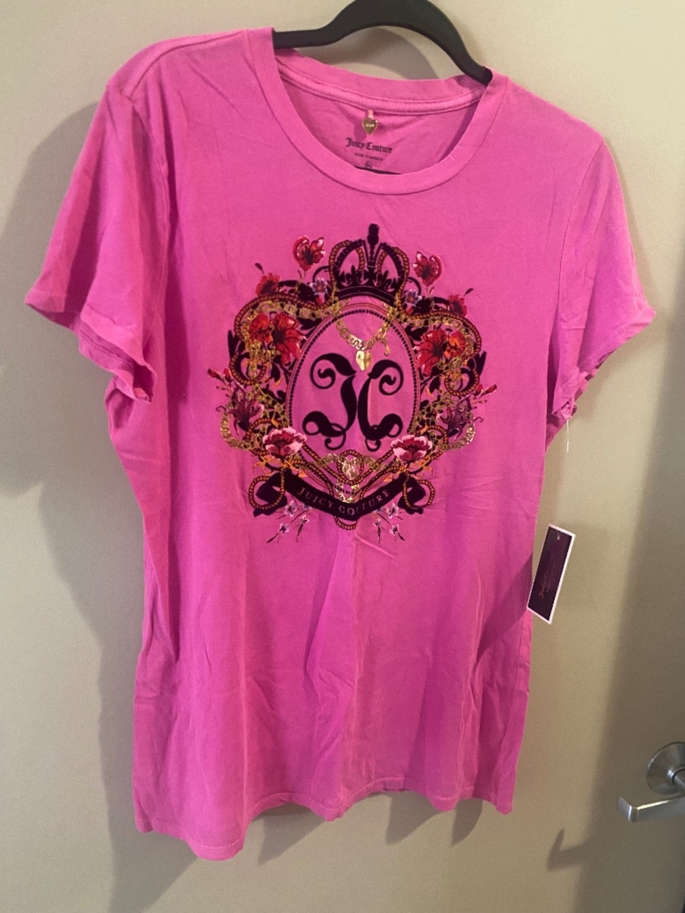 NWT Juicy Couture Royal Short Sleeve Tee Pink Cerise Velvet, XL